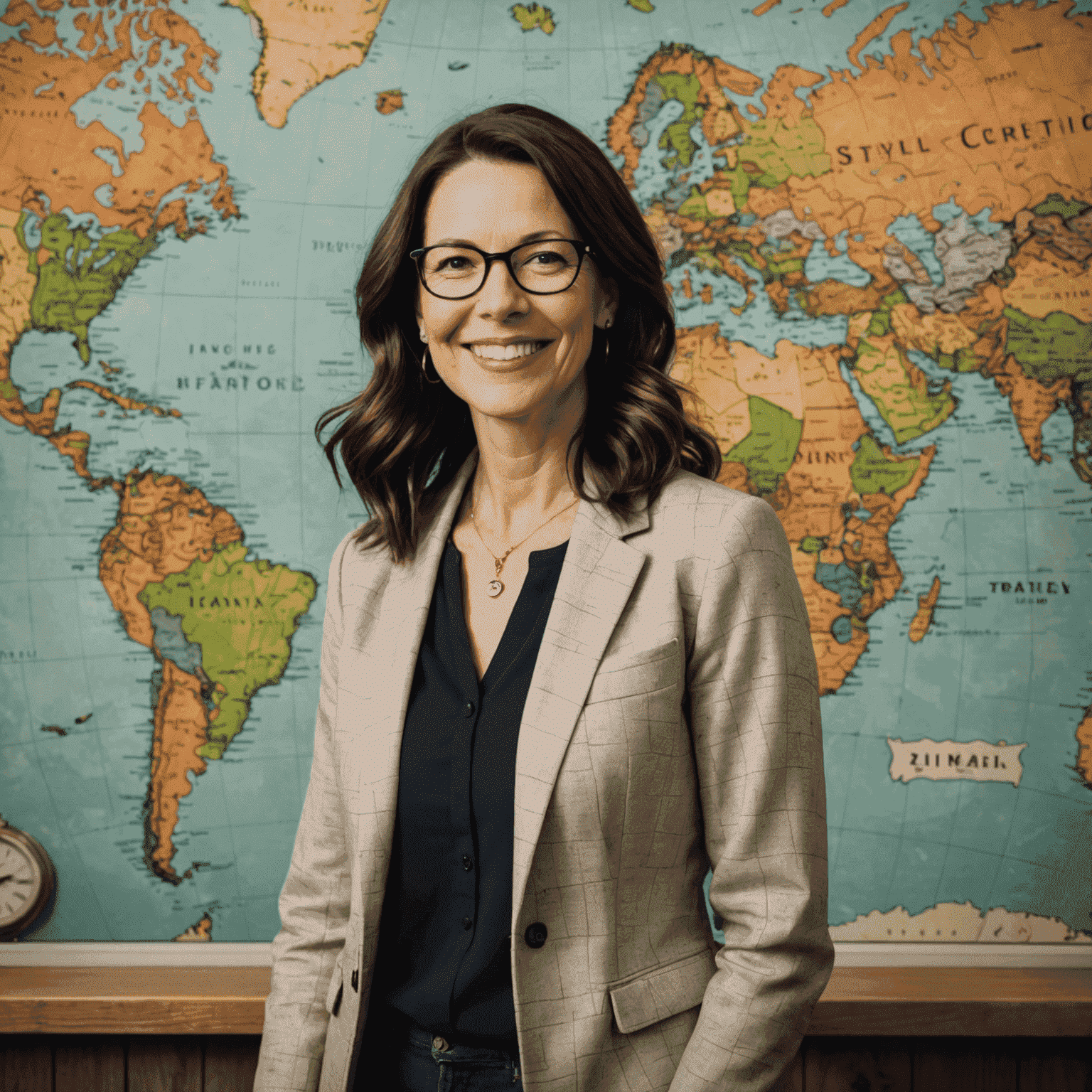 Jane Doe, Founder and Lead Travel Curator of Plinkomatrix, smiling confidently in front of a world map