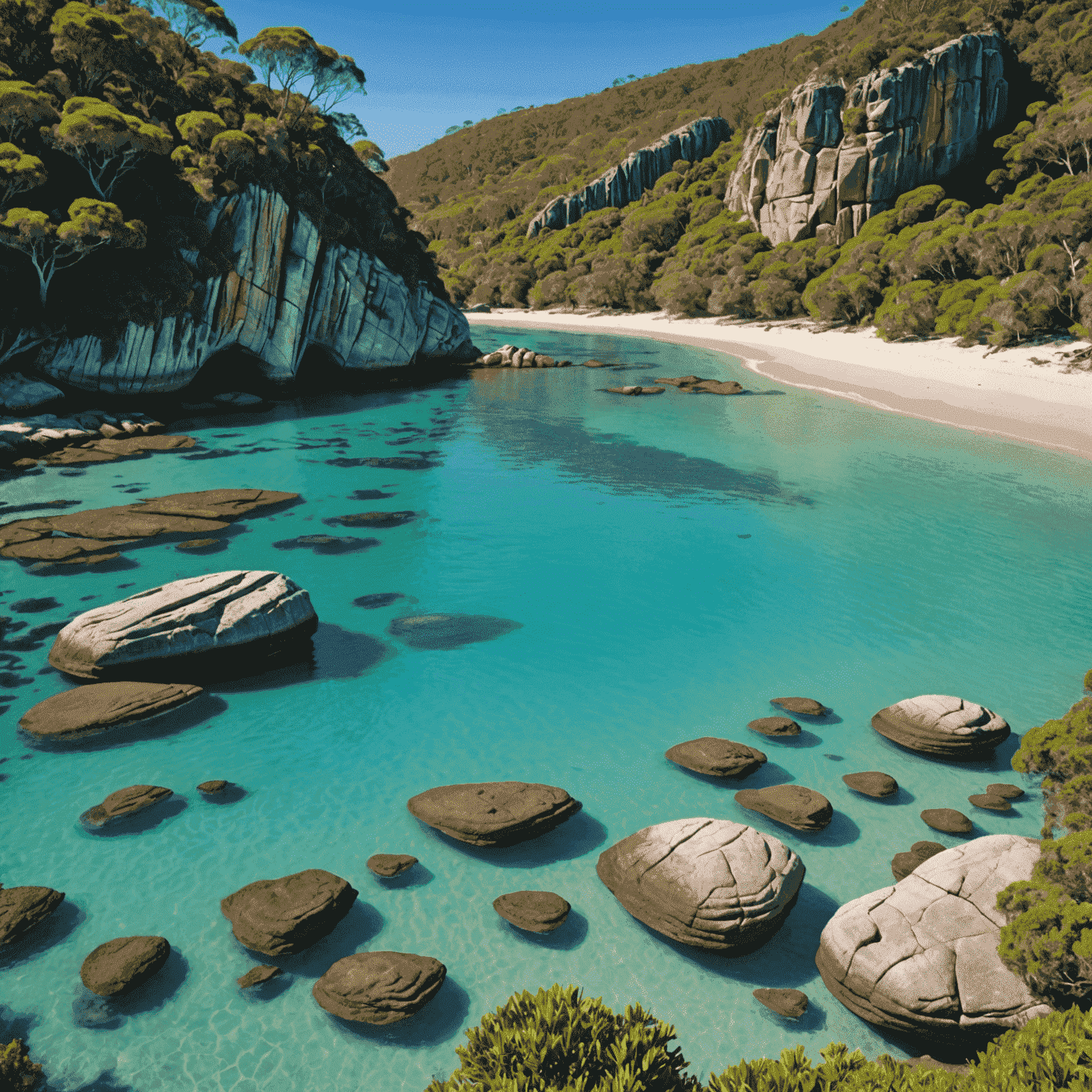 Scenic view of a secluded beach in Australia with crystal clear water and unique rock formations, surrounded by lush vegetation