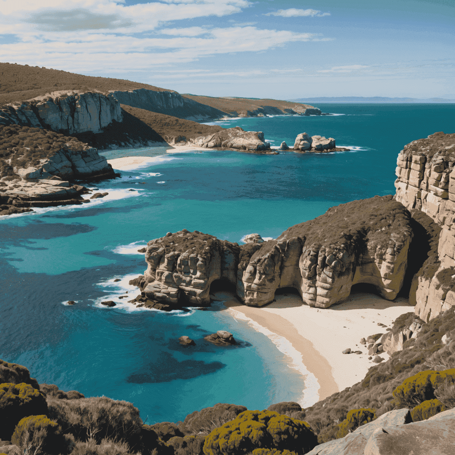 Scenic view of Kangaroo Island's rugged coastline, pristine beaches, and native wildlife including kangaroos and koalas in their natural habitat