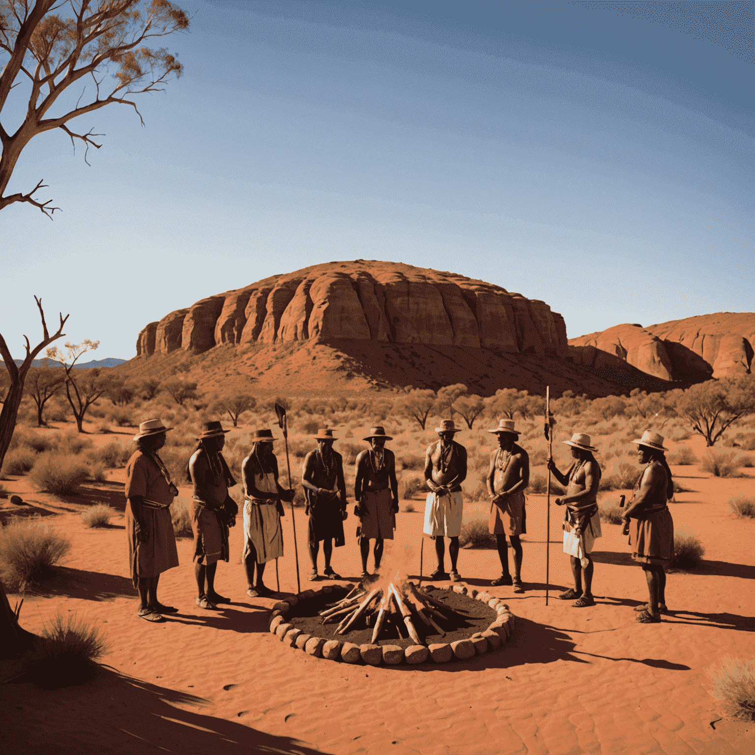 A group of tourists participating in a traditional Aboriginal ceremony, surrounded by red desert landscape and indigenous artwork