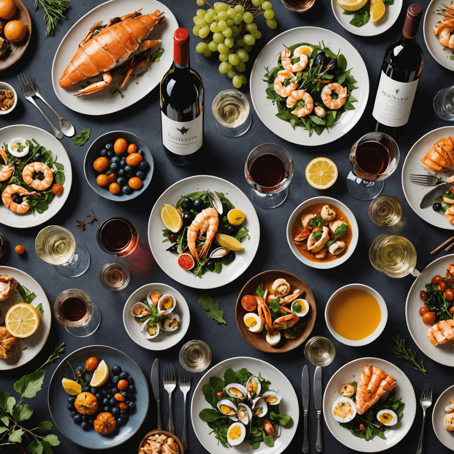 A collage of Australian culinary delights including wine glasses in a vineyard, fresh seafood on a plate, and native Australian ingredients