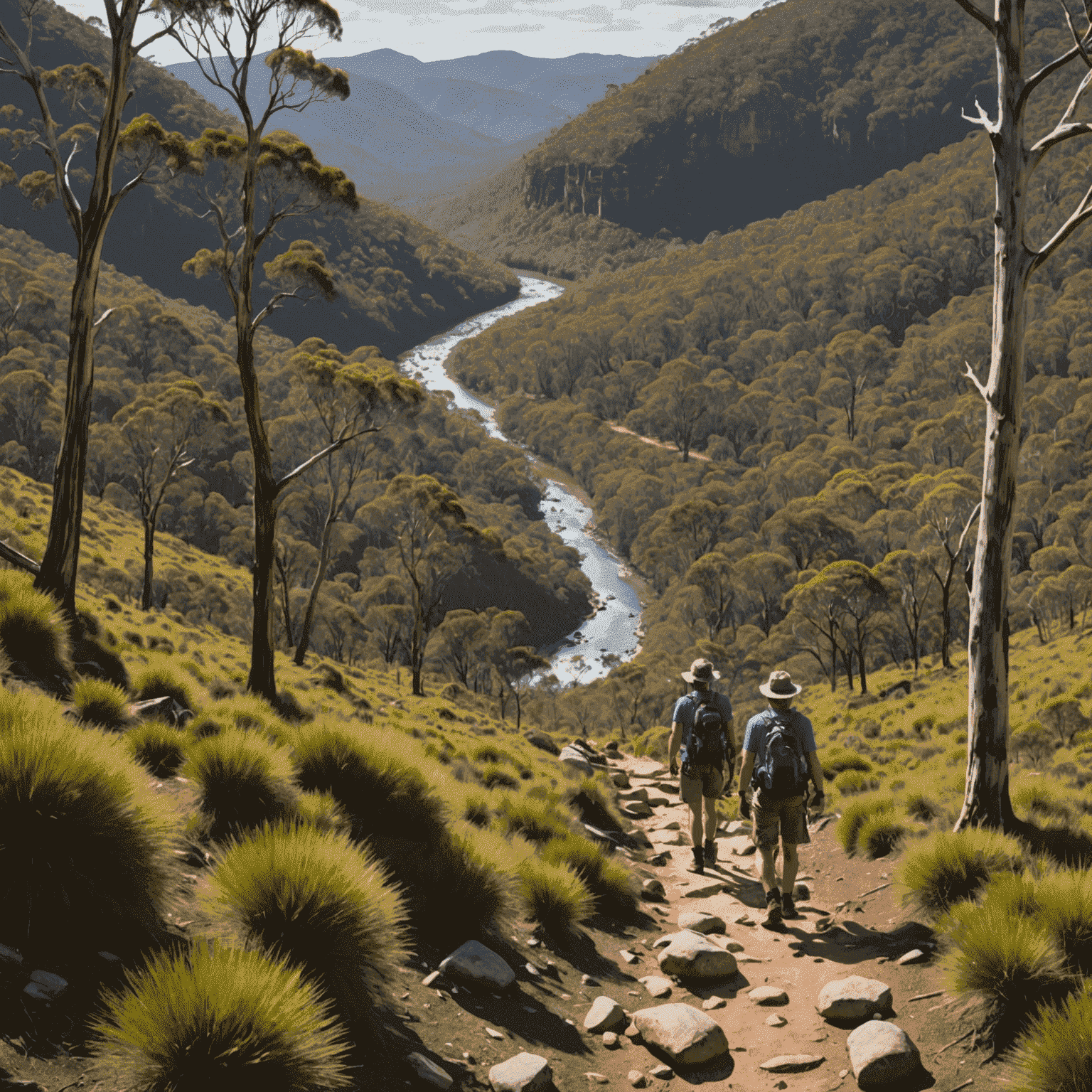 Panoramic view of pristine Australian wilderness with hikers using reusable water bottles and following marked trails