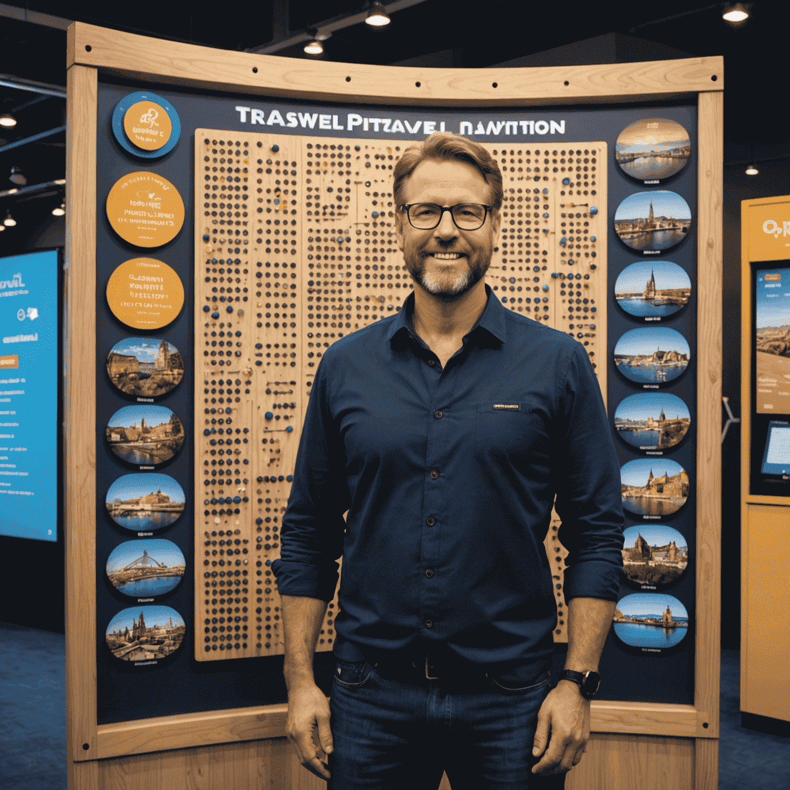 John Smith, Head of Plinko Travel Innovation at Plinkomatrix, standing next to a large Plinko-style board with travel destinations