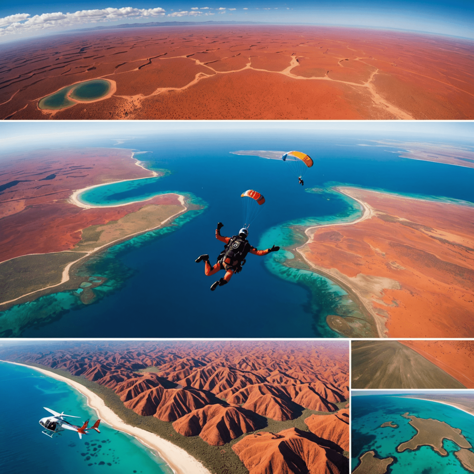 Collage of adventure activities in Australia: skydiving over the red desert of the Outback, scuba diving in the vibrant Great Barrier Reef