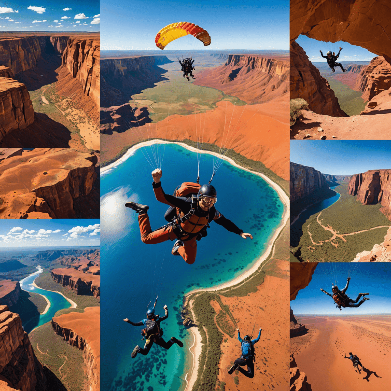 Collage of adventure activities in Australia: skydiving over the red desert of the Outback, scuba diving in the vibrant Great Barrier Reef, and rock climbing on rugged cliffs