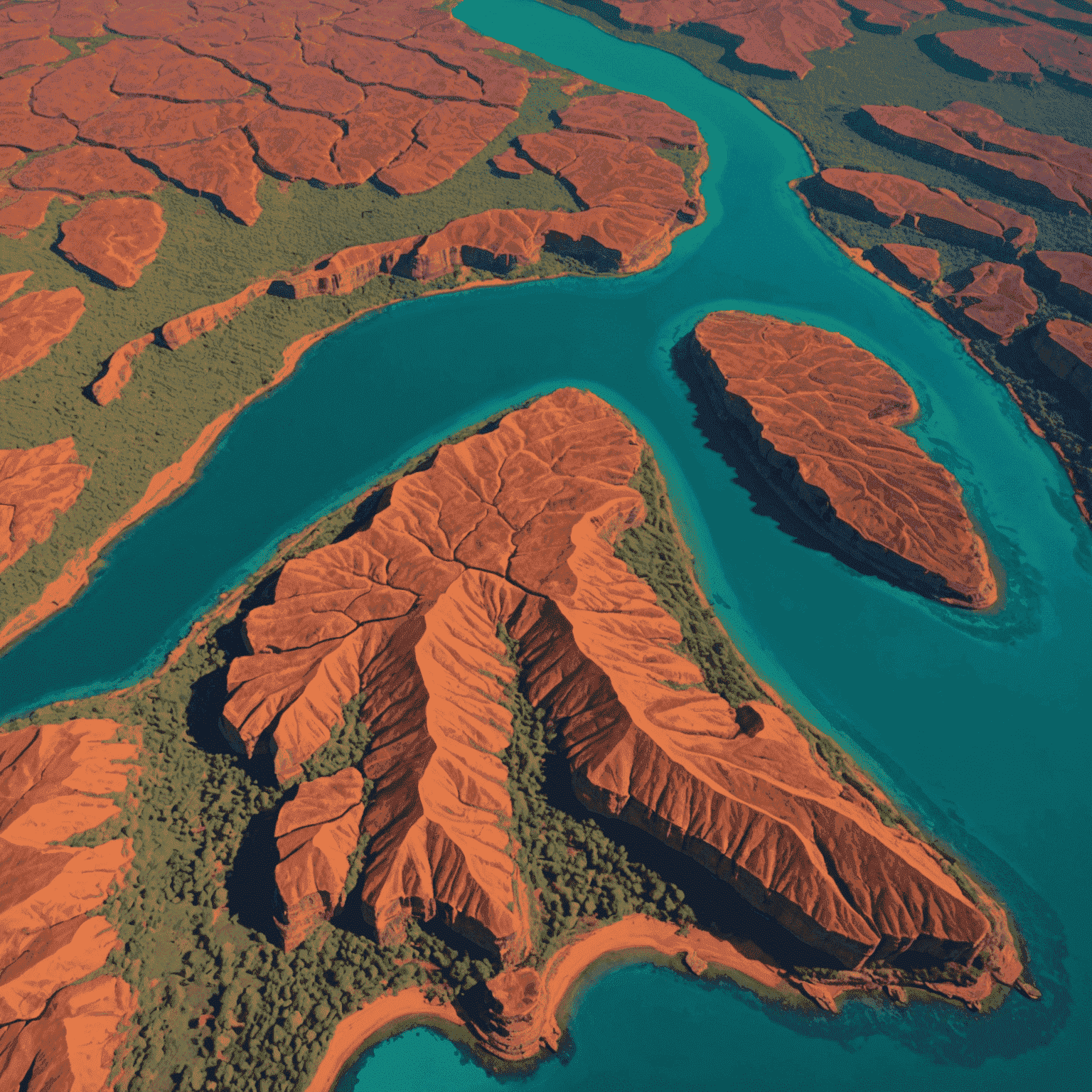 Breathtaking aerial view of the Kimberley region showing its red earth, turquoise waters, and ancient rock formations