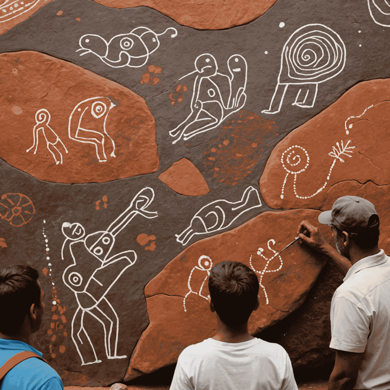 Close-up of vibrant Aboriginal rock art depicting Dreamtime stories, with a tour guide explaining its significance to attentive visitors