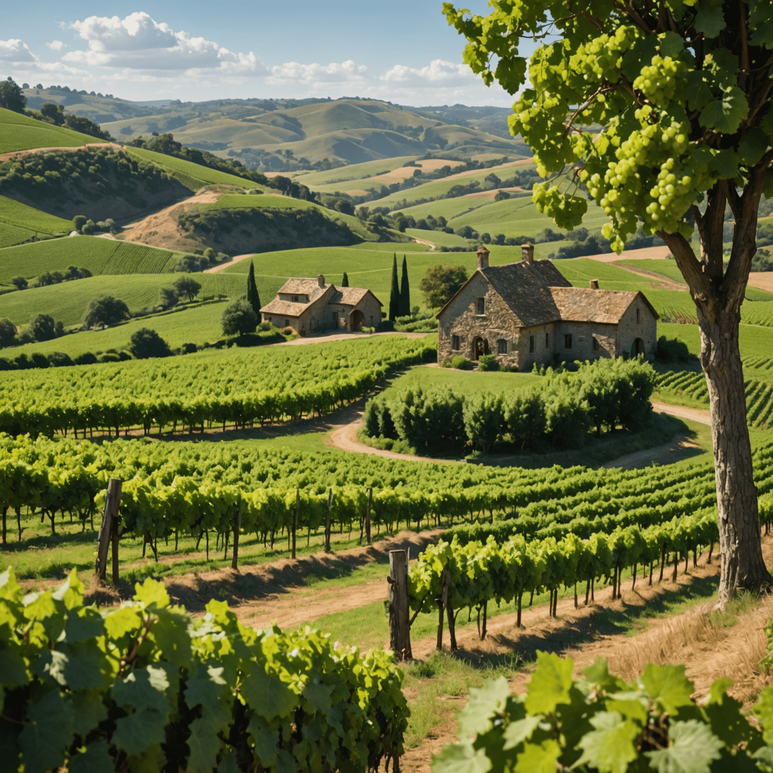 Rolling hills covered in lush green vineyards with a rustic cellar door in the foreground