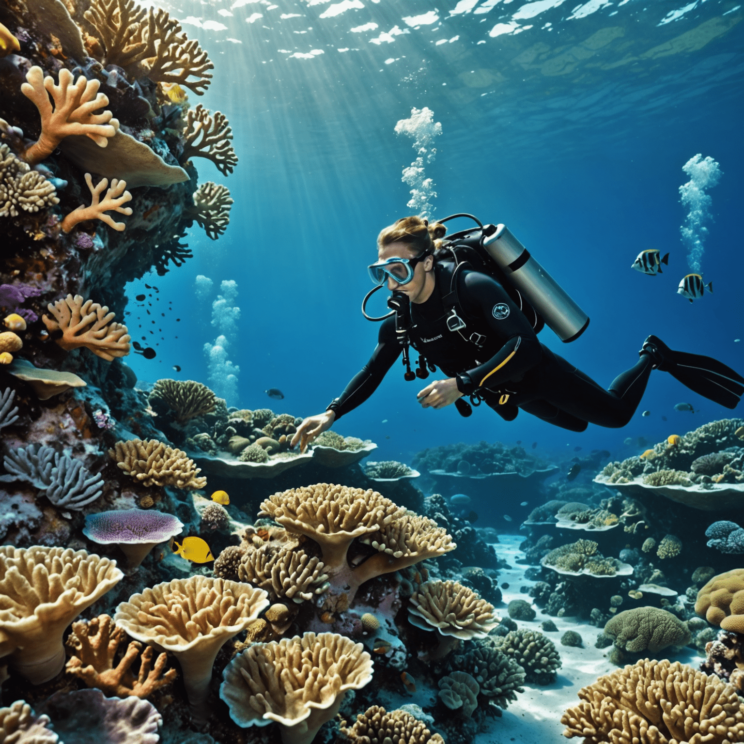 Divers carefully observing coral reefs, using eco-friendly sunscreen and maintaining a safe distance from marine life