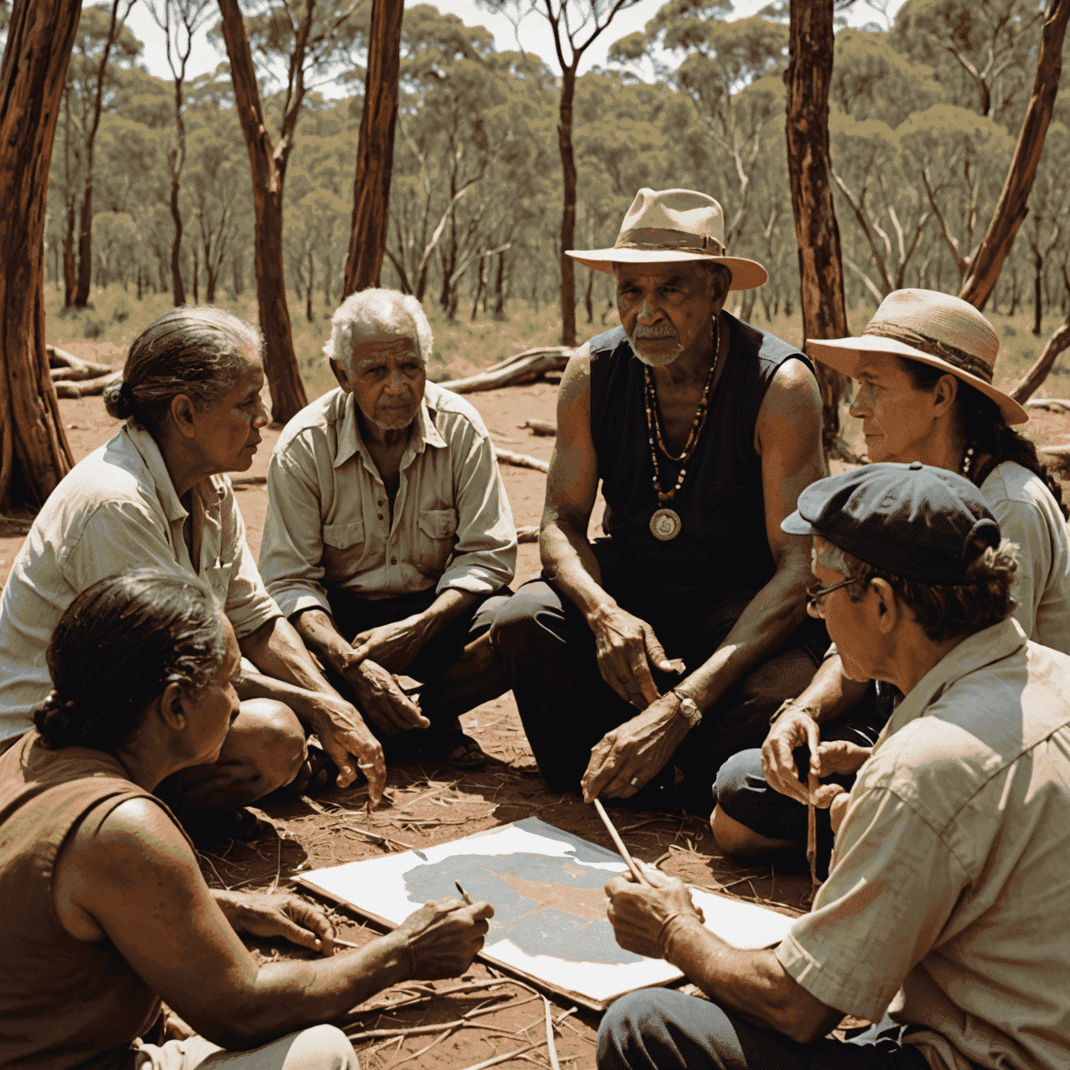 Aboriginal elder sharing stories and demonstrating traditional art techniques to a group of tourists in a natural Australian landscape