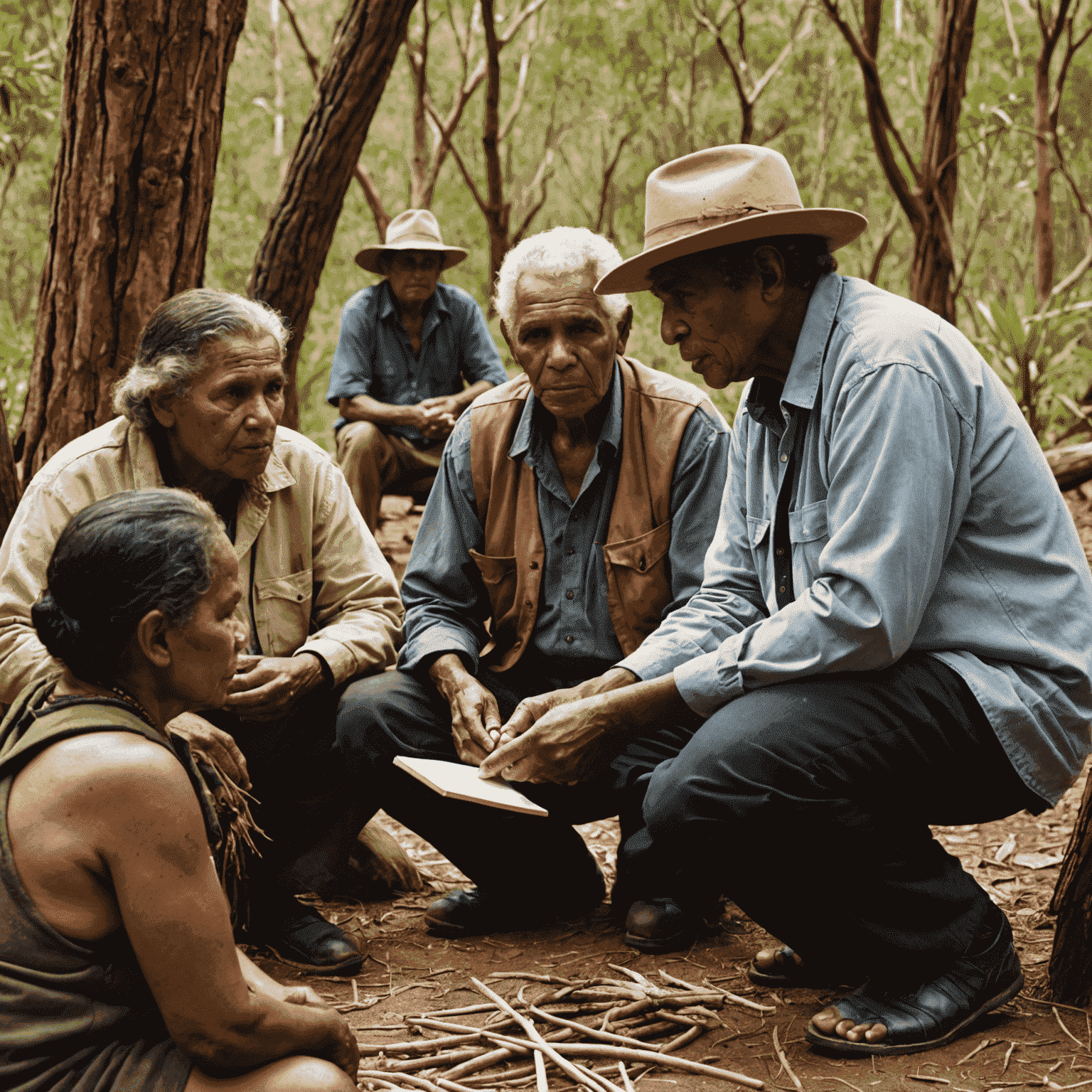 An Aboriginal elder sharing stories and demonstrating traditional art techniques to a group of attentive tourists in a natural Australian bush setting