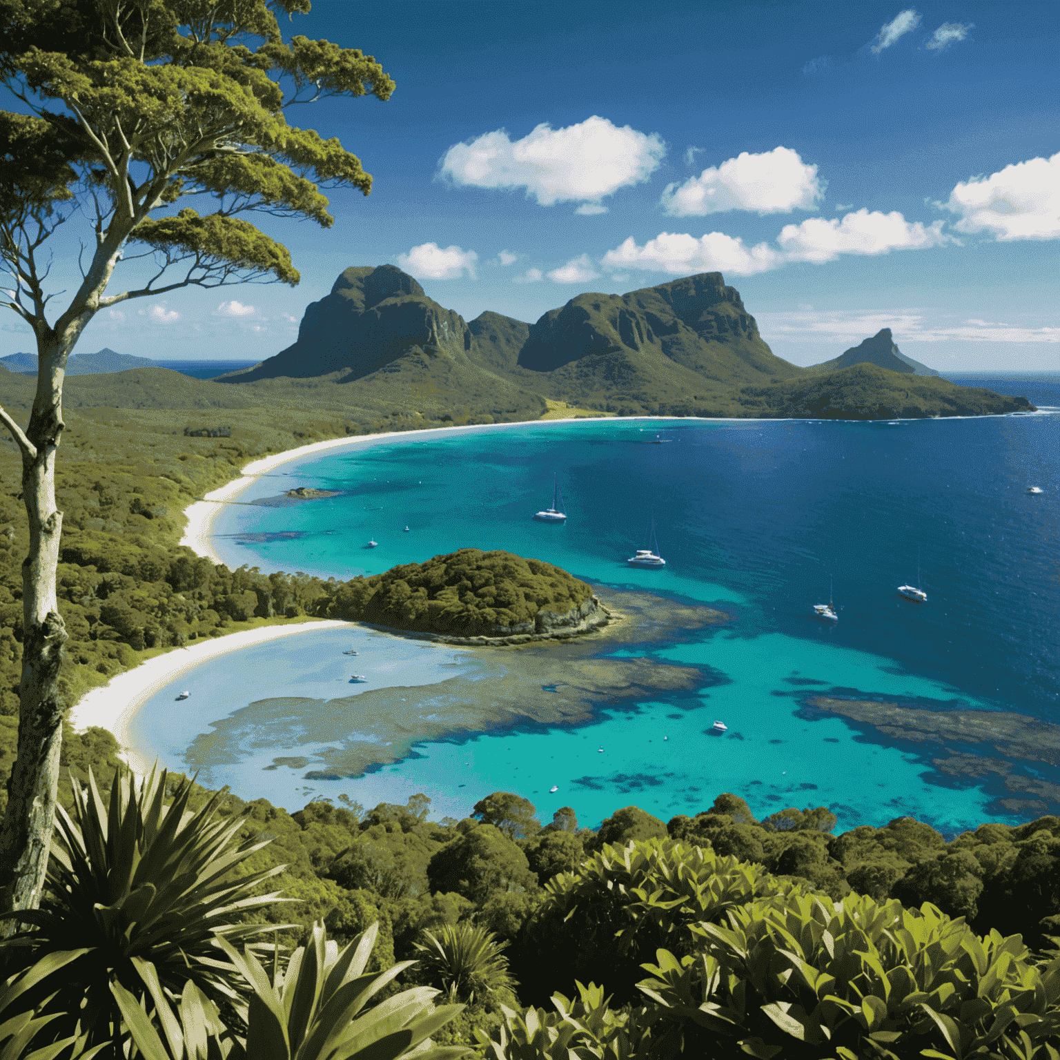 Panoramic view of Lord Howe Island's crystal-clear lagoon, lush forests, and the towering Mount Gower in the background