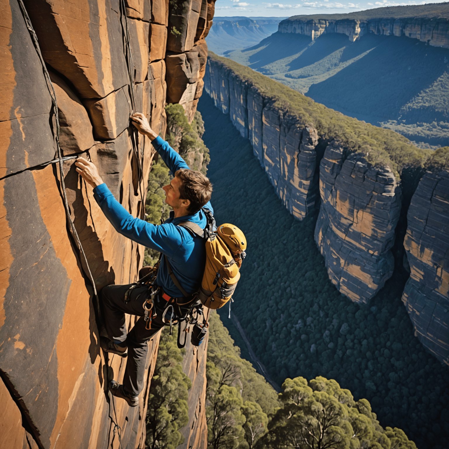 Rock climber scaling the dramatic sandstone cliffs of the Blue Mountains