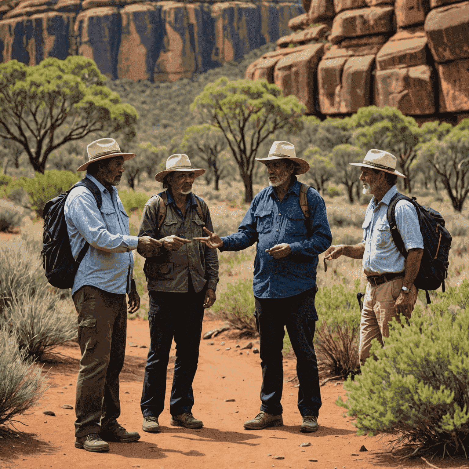 An Aboriginal guide leading a small group of tourists through the outback, pointing out native plants and explaining their traditional uses