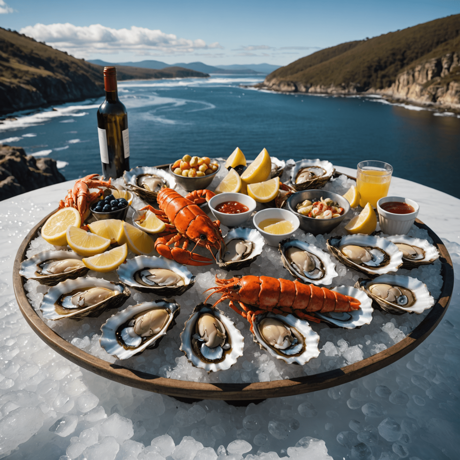 A lavish seafood platter featuring oysters, lobster, and various fish on ice with the Tasmanian coastline in the background