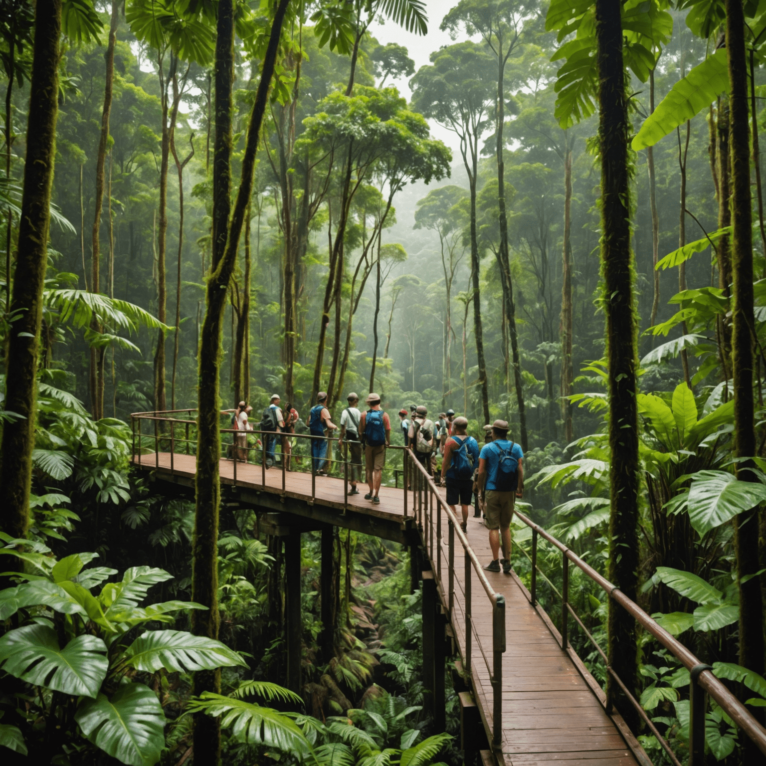 Small group of tourists on elevated walkways through lush rainforest, led by an indigenous guide explaining the importance of the ecosystem