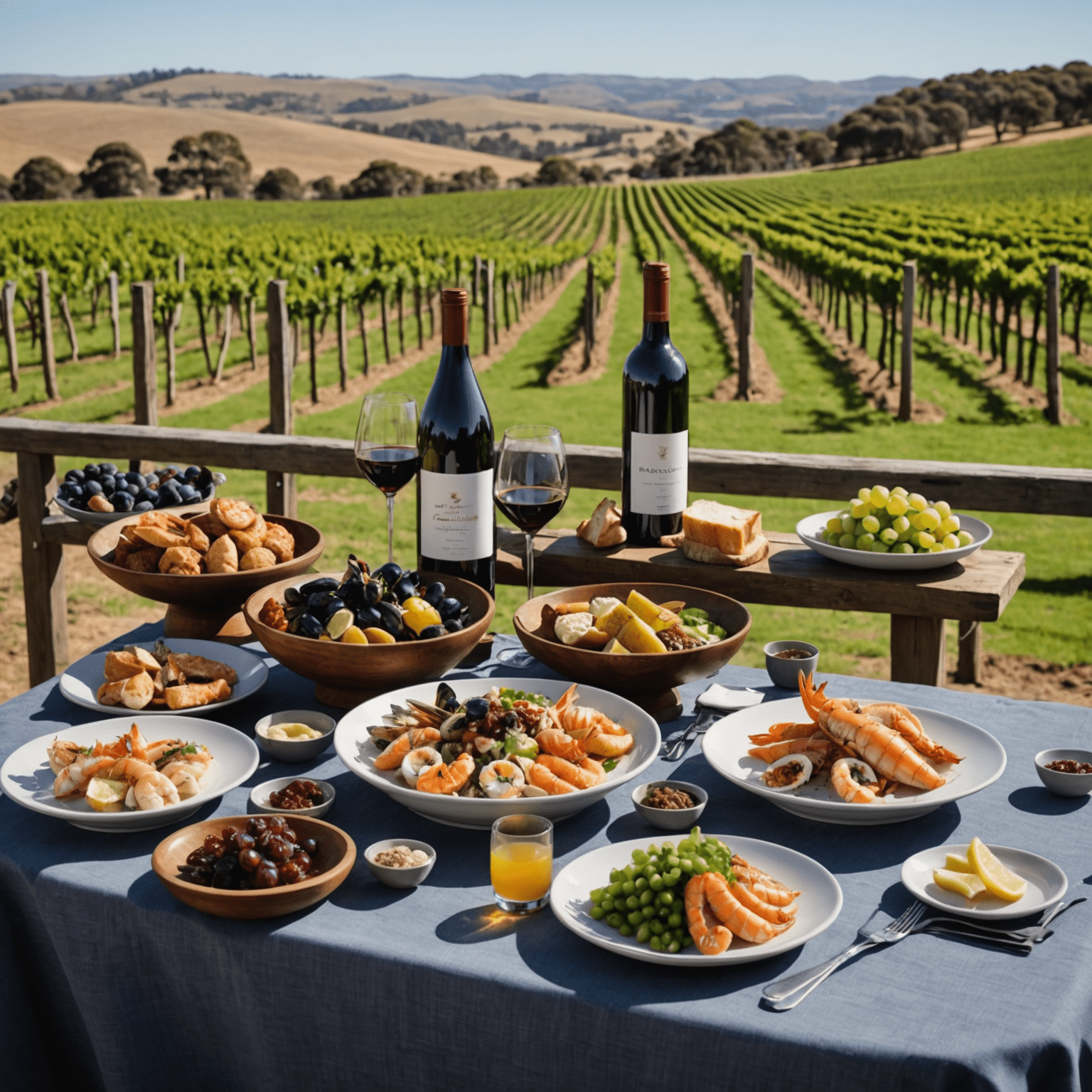 A gourmet spread of Australian delicacies including fresh seafood, local wines, and native ingredients, set against a backdrop of vineyards in the Barossa Valley