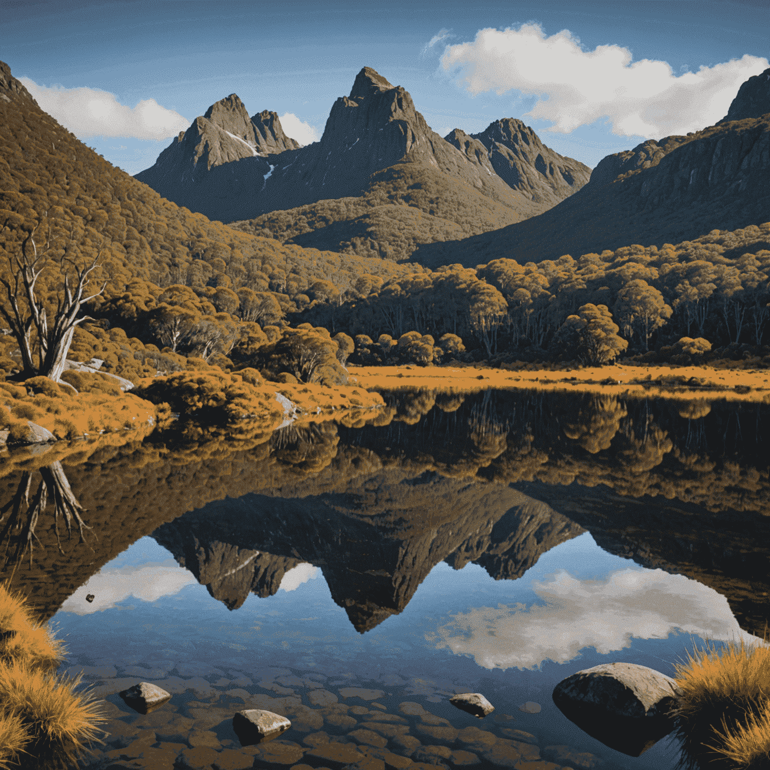 Majestic view of Cradle Mountain reflected in Dove Lake, surrounded by ancient rainforests and alpine heathlands