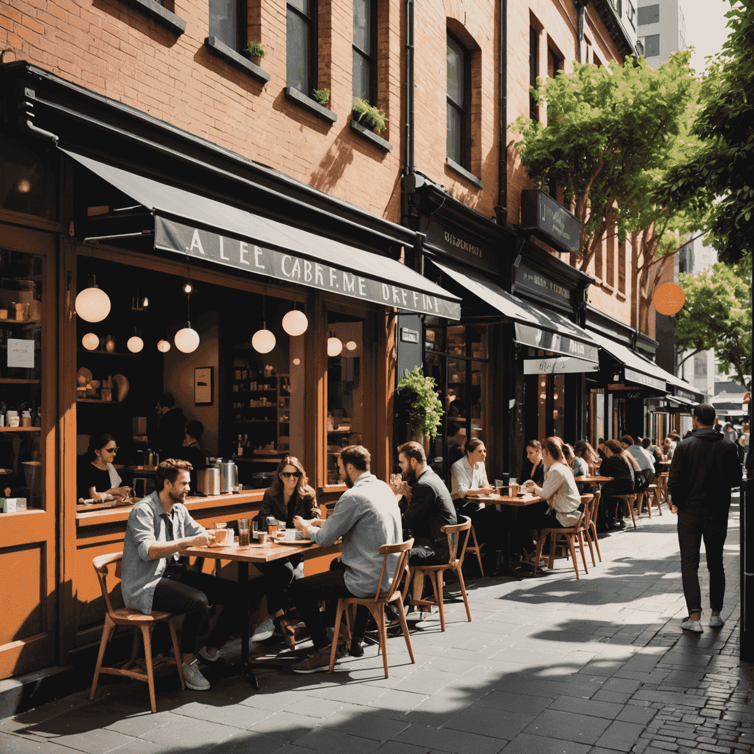 A cozy Melbourne laneway cafe with outdoor seating, baristas preparing coffee, and patrons enjoying brunch