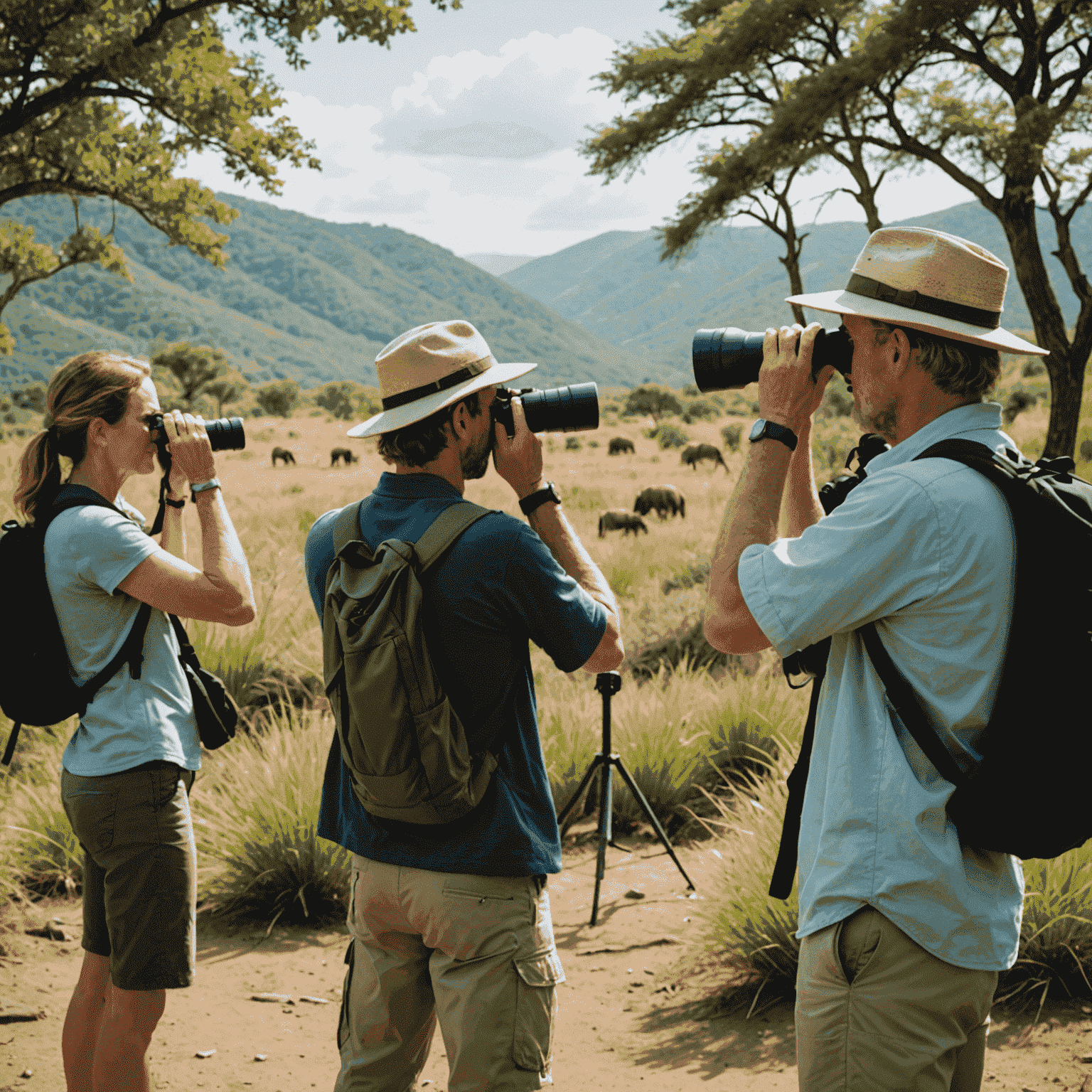 Tourists observing native wildlife from a distance, using binoculars and cameras with zoom lenses to avoid disturbing animals