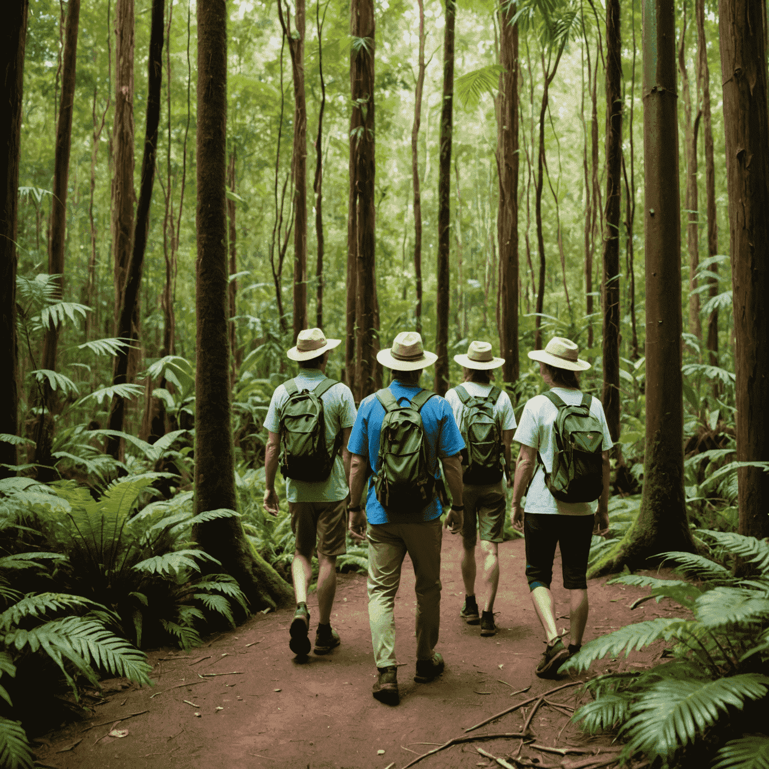 Tourists participating in a guided nature walk through a pristine Australian rainforest, learning about conservation efforts and local ecosystems