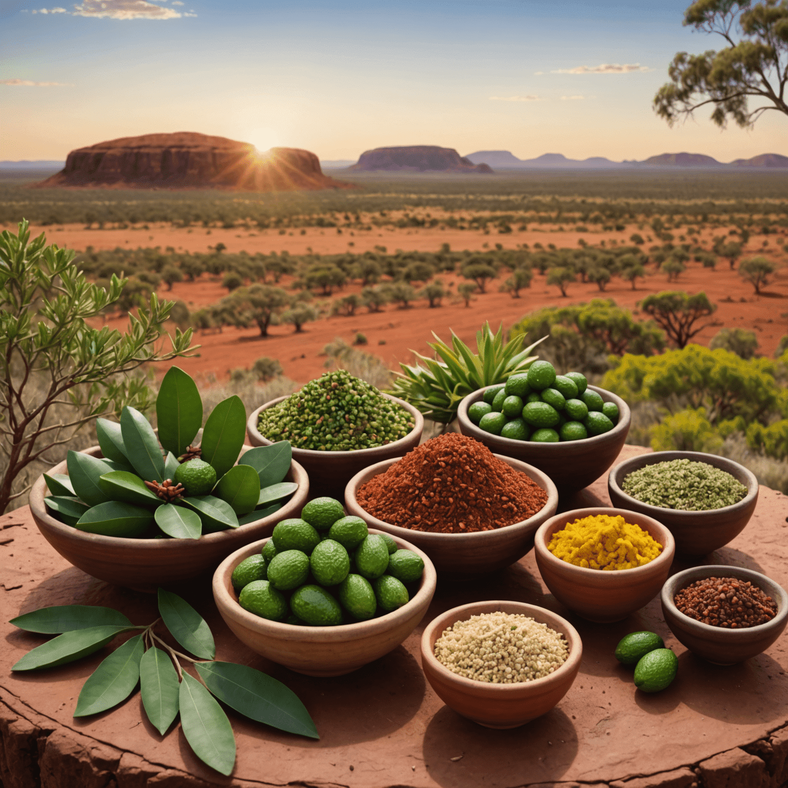 A spread of native Australian ingredients including finger limes, lemon myrtle, and wattleseed with the red earth of the Outback in the background