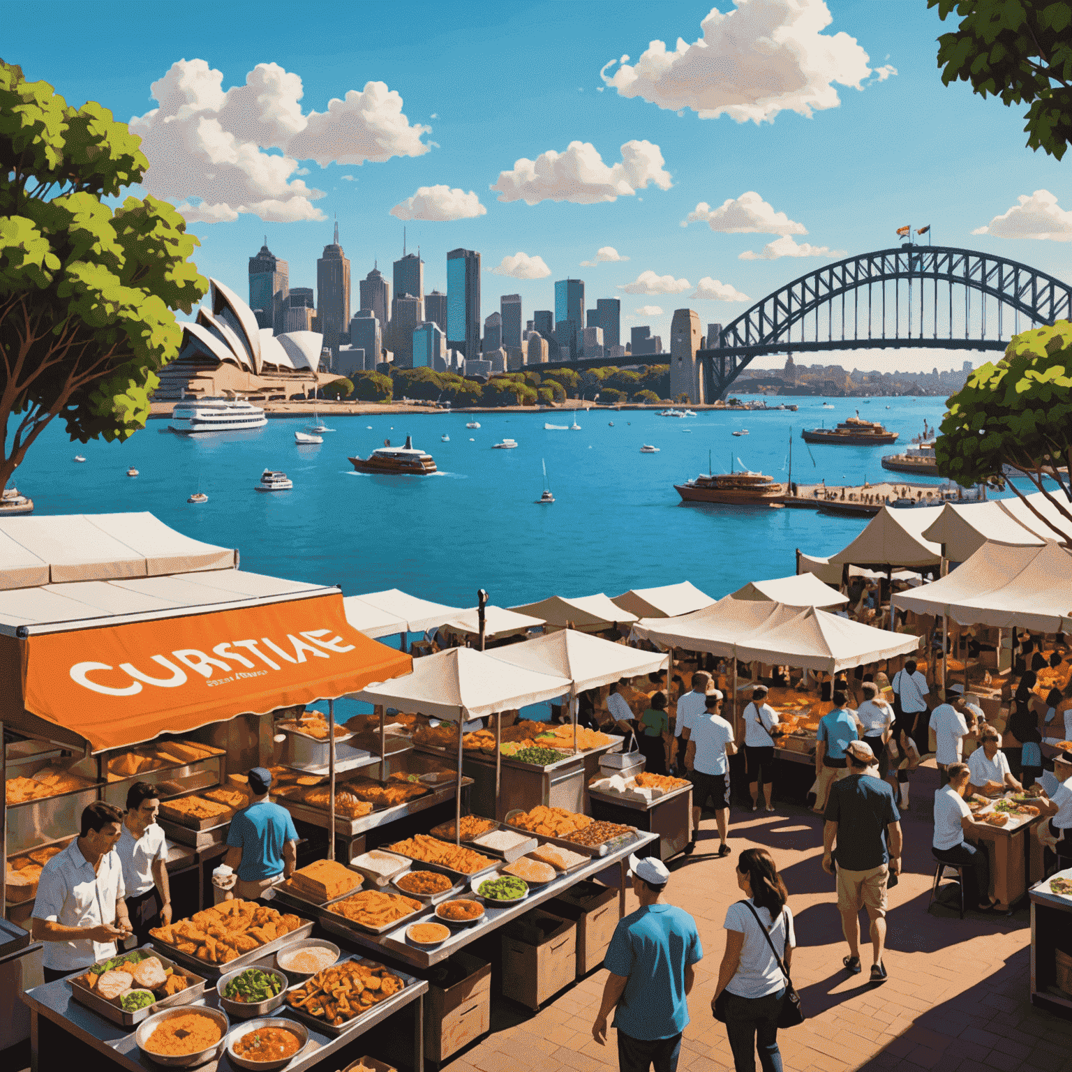 A vibrant street food market in Sydney with various international cuisines on display and the Sydney Opera House visible in the distance